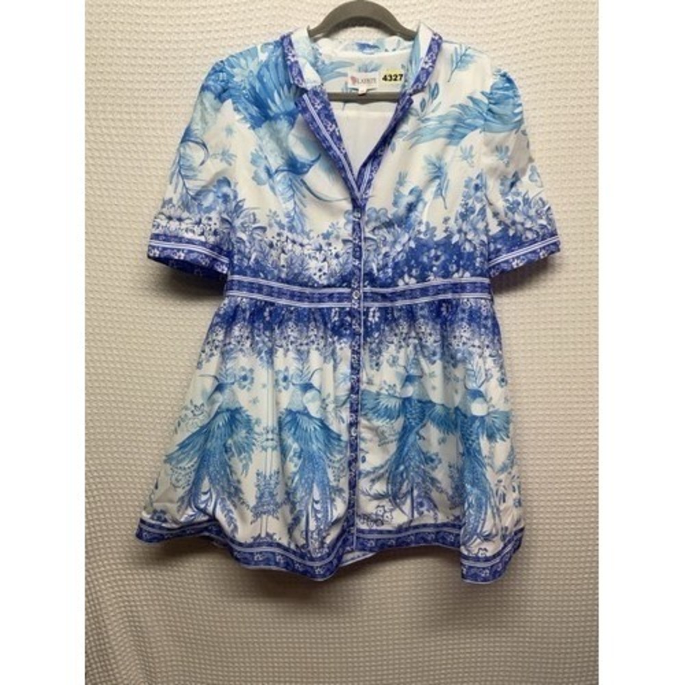 NWOT L'Artiste White/Blueโ Puff Sleeve Fit & Flare Mini Dress Women 2X China